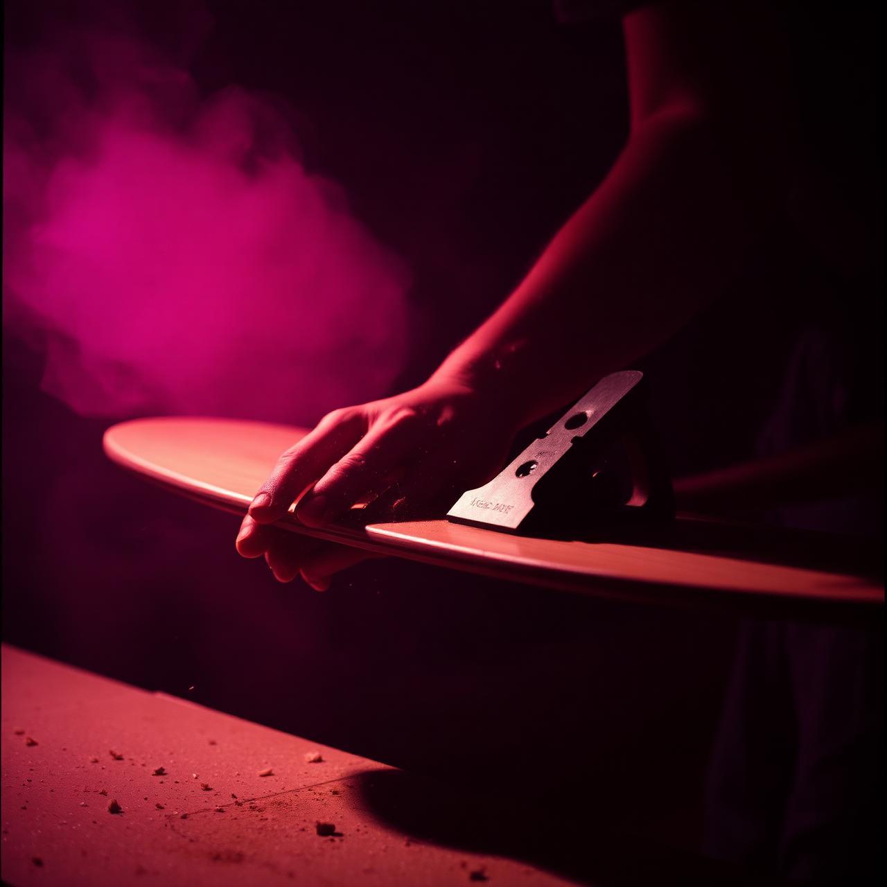 A craftsperson hand-shaping a skate deck in the Liminal workshop