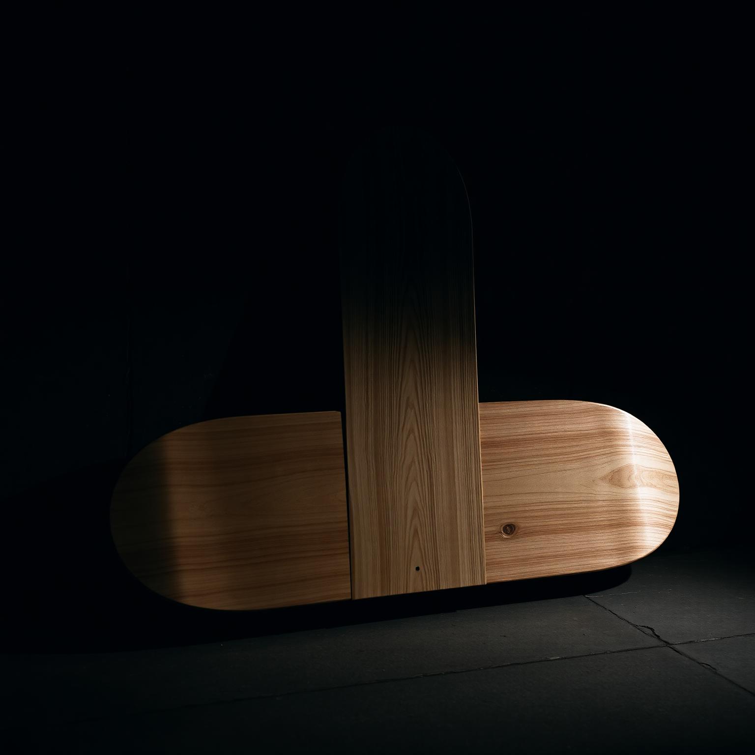 Hand-shaped skateboard deck in a dim workshop